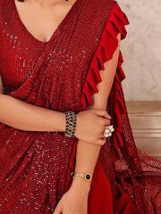 Fashionable Red Sequins Imported Ready To Wear Saree With Blouse