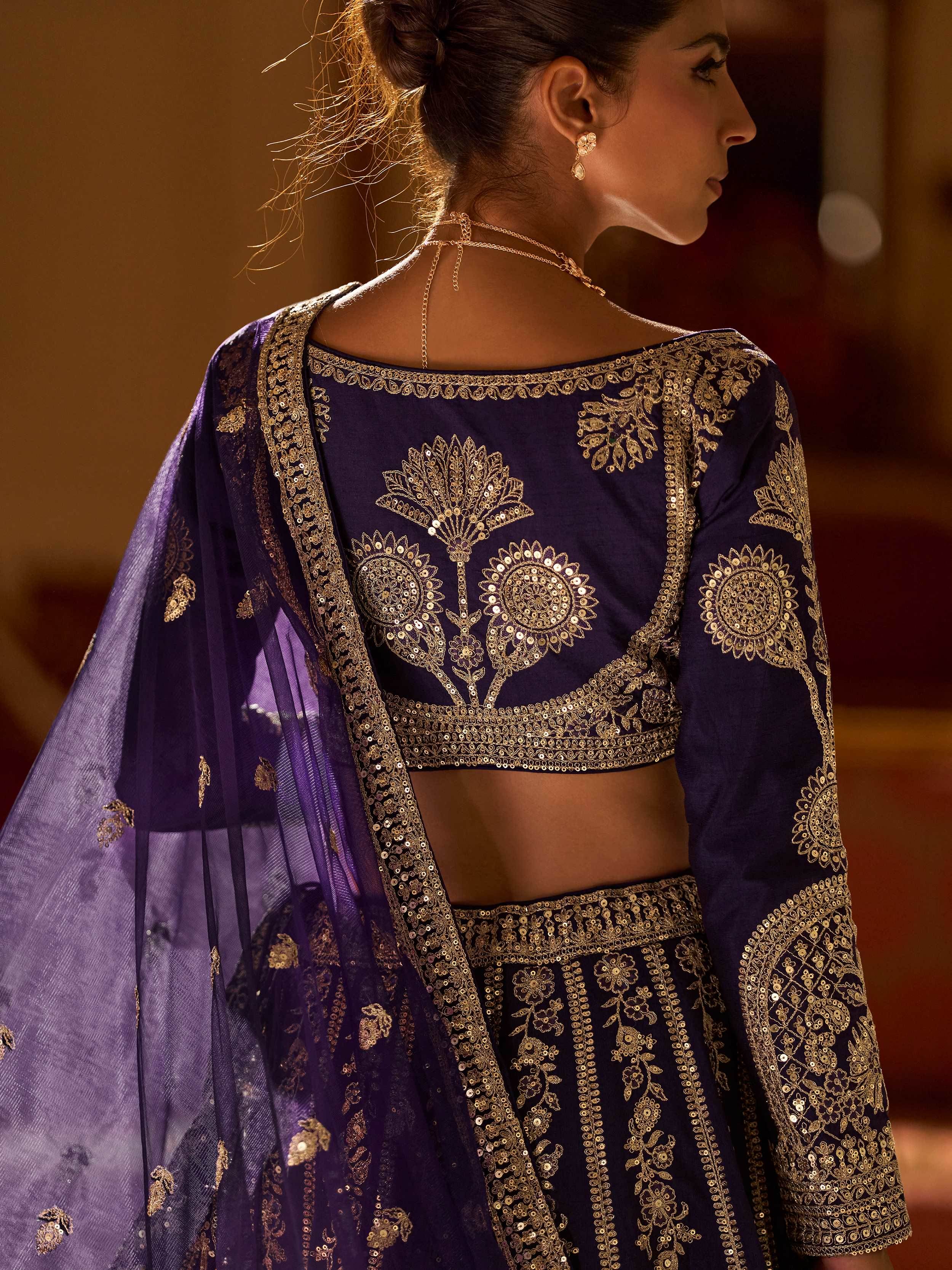 Fabulous Purple Embroidered Silk Engagement Wear Lehenga Choli