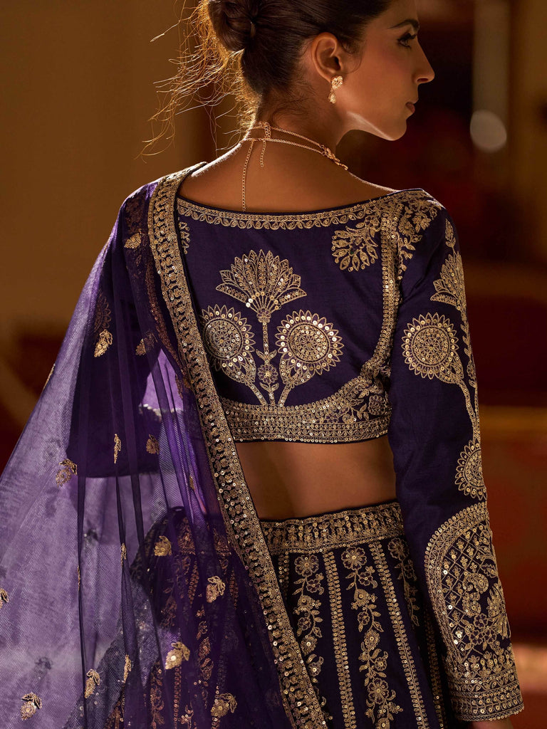 Fabulous Purple Embroidered Silk Engagement Wear Lehenga Choli