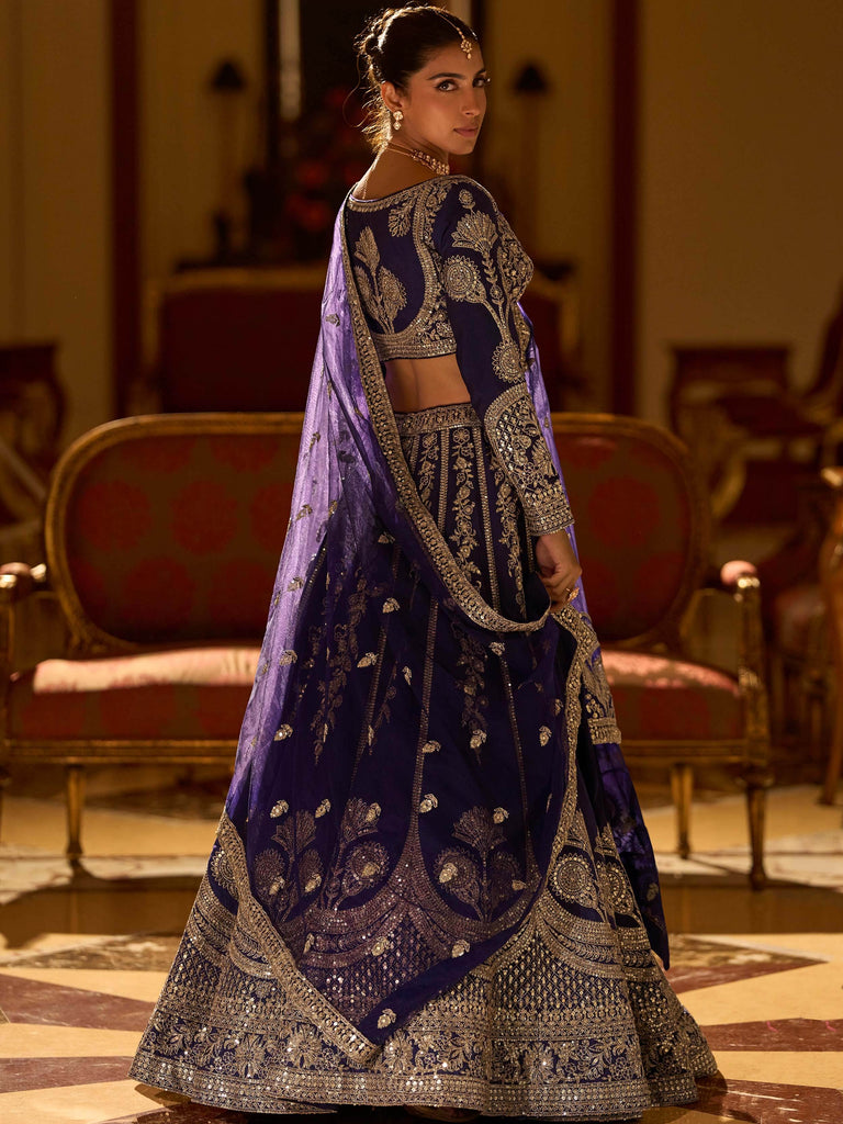 Fabulous Purple Embroidered Silk Engagement Wear Lehenga Choli