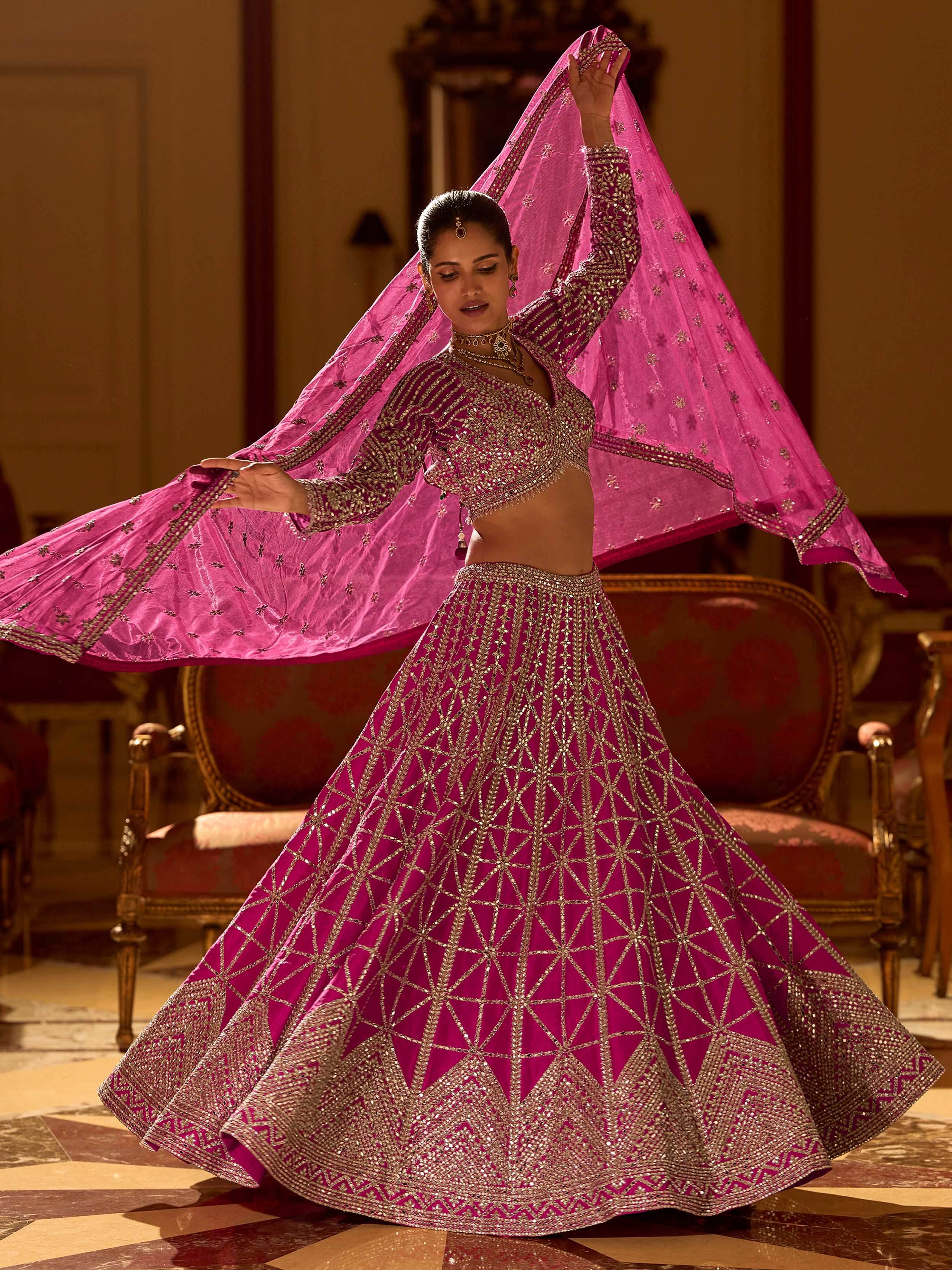 Adorable Pink Zari Embroidered Silk Reception Wear Lehenga Choli