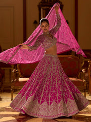 Adorable Pink Zari Embroidered Silk Reception Wear Lehenga Choli