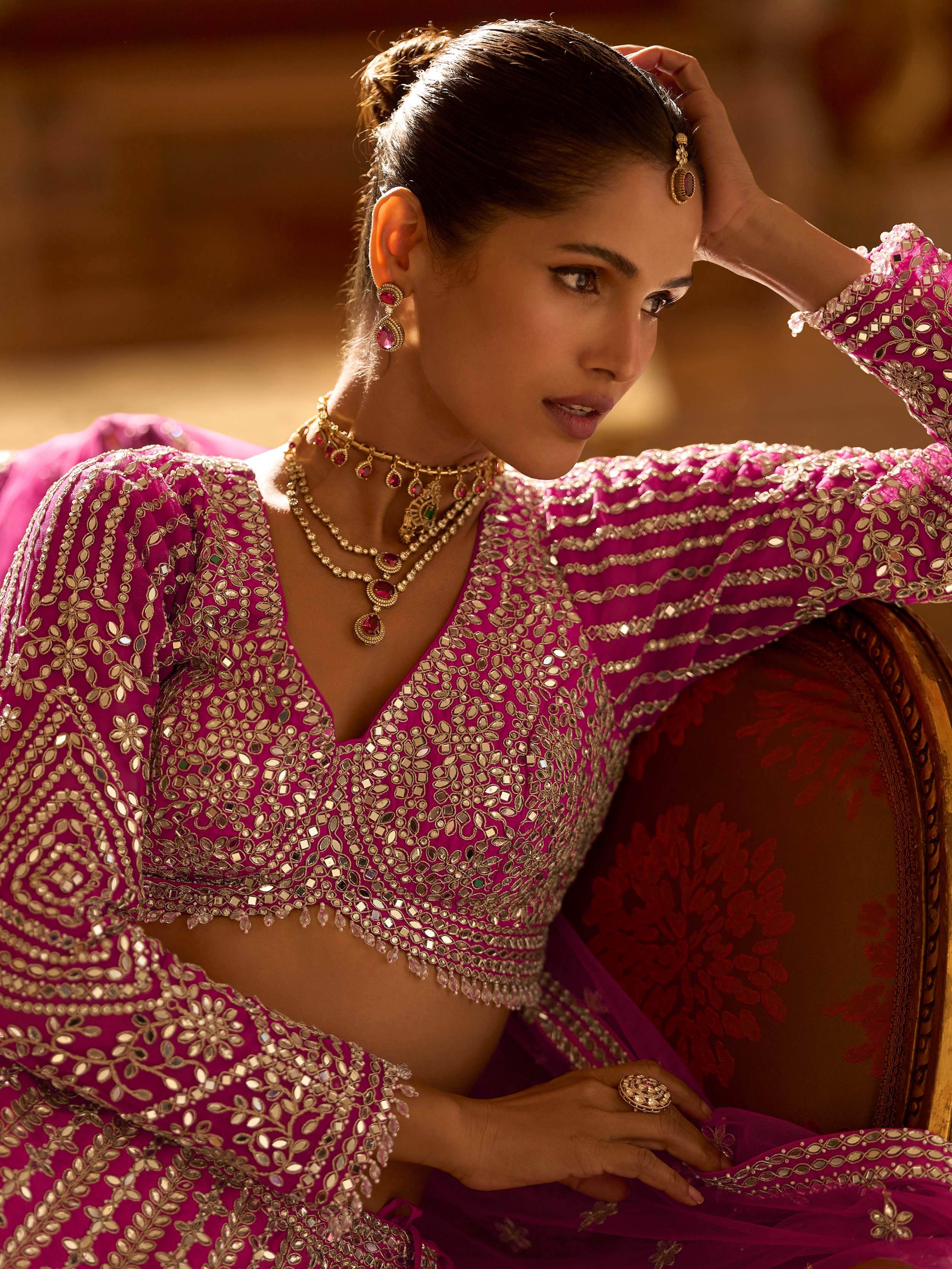 Adorable Pink Zari Embroidered Silk Reception Wear Lehenga Choli