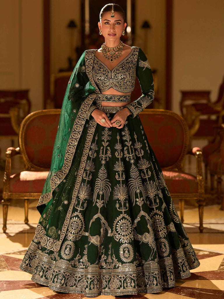 Wonderful Green Embroidered Silk Wedding Wear Lehenga Choli