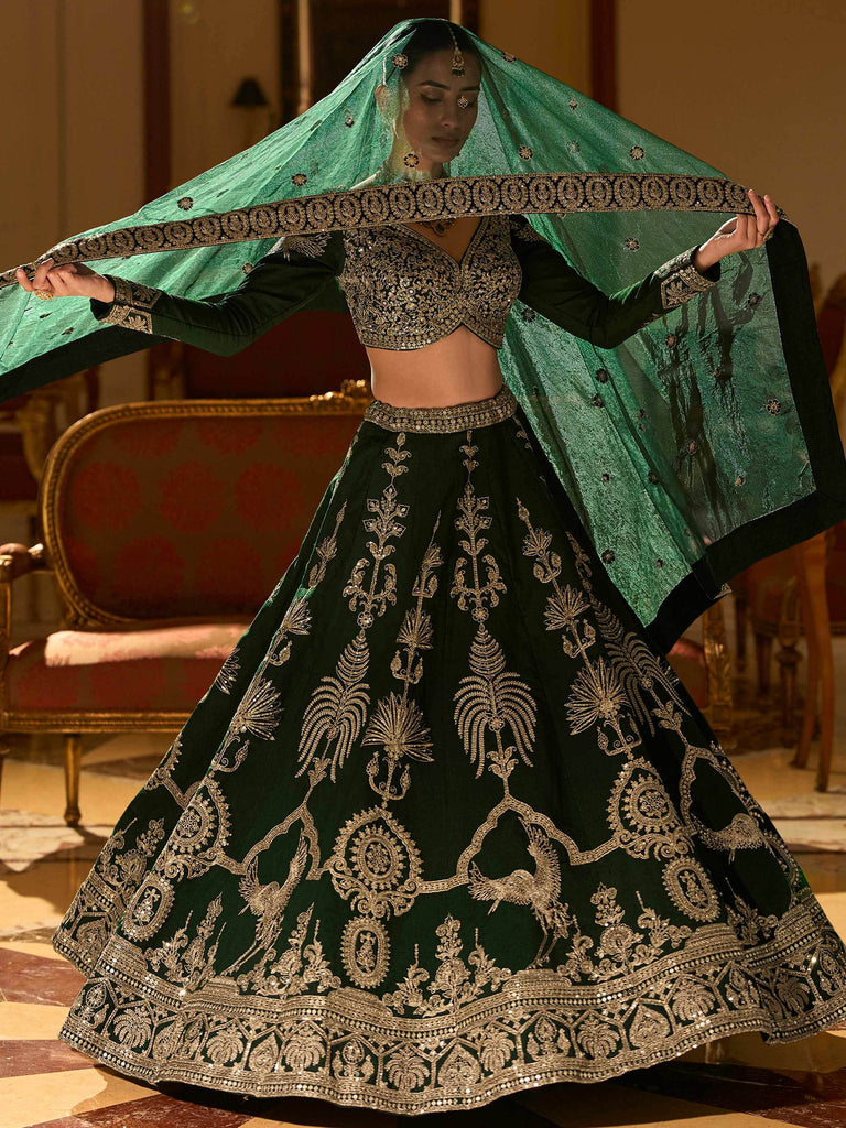 Wonderful Green Embroidered Silk Wedding Wear Lehenga Choli