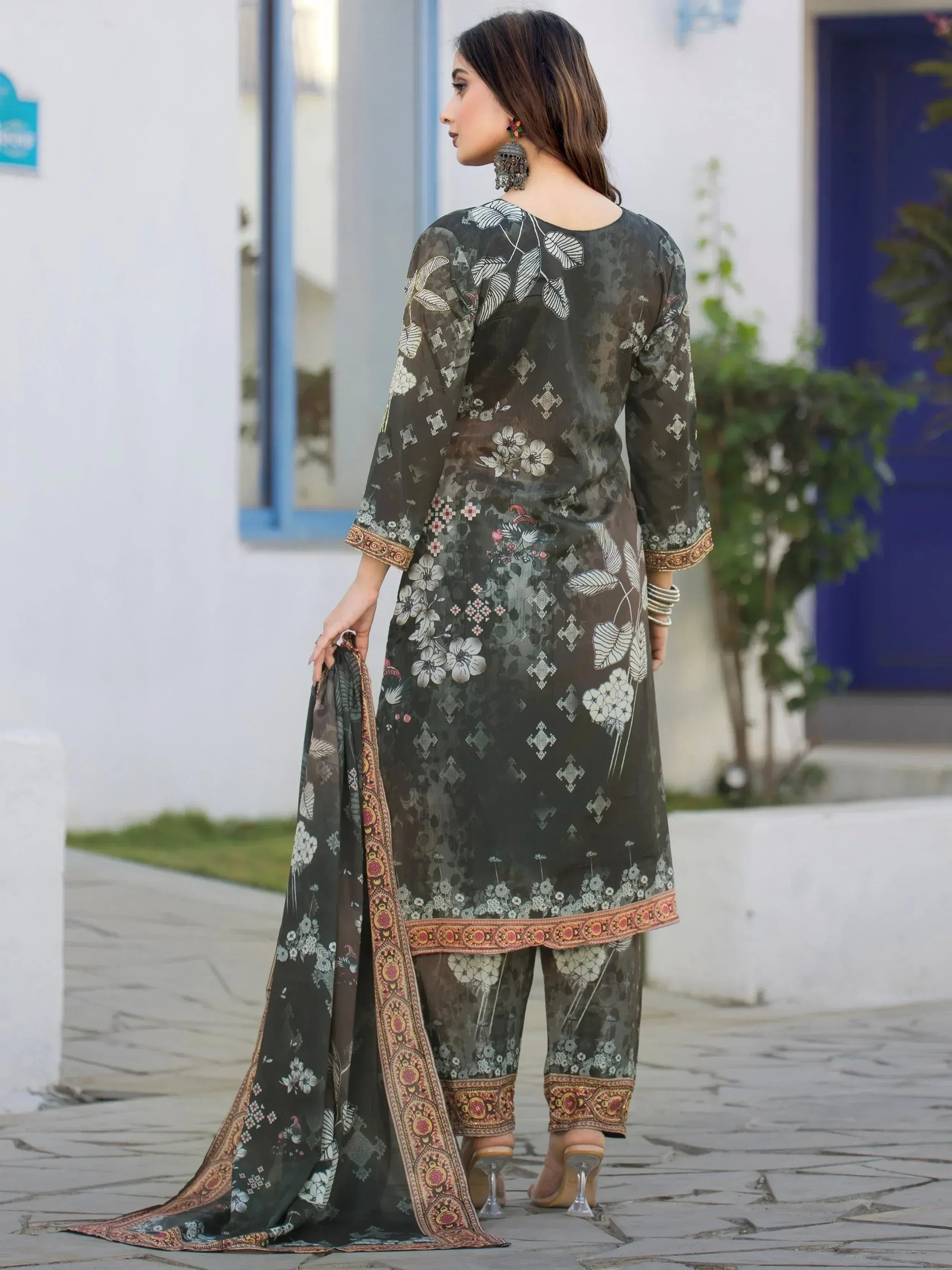 Sprakling Dark Grey Digital Printed Chinon Festive Wear Straight Suit 