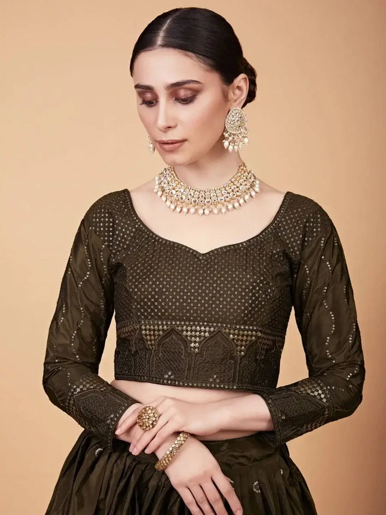 Superb Mehendi Green Sequined Work Silk Sangeet Wear Lehenga Choli