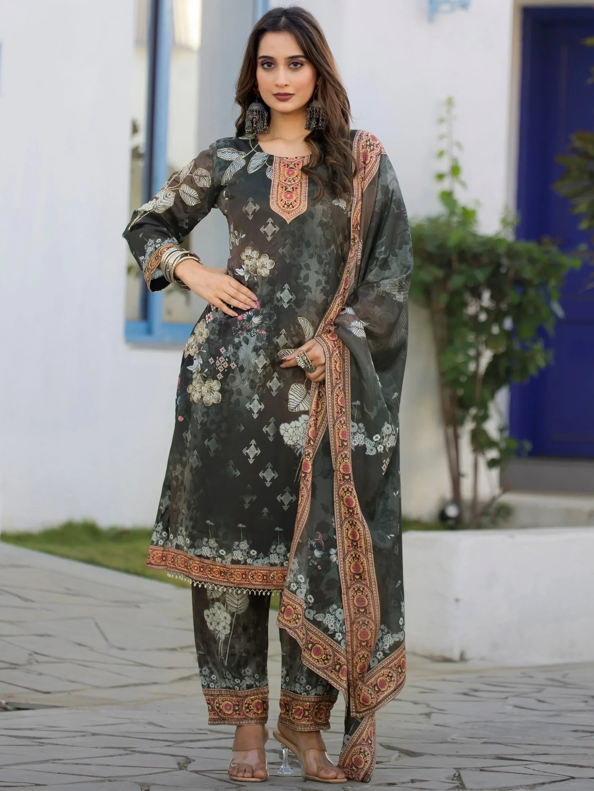 Sprakling Dark Grey Digital Printed Chinon Festive Wear Straight Suit 