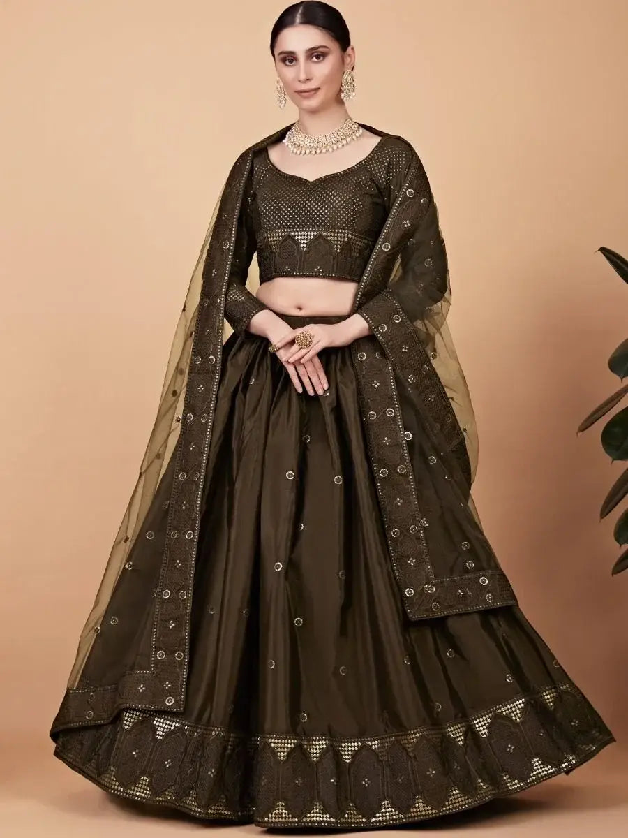 Superb Mehendi Green Sequined Work Silk Sangeet Wear Lehenga Choli