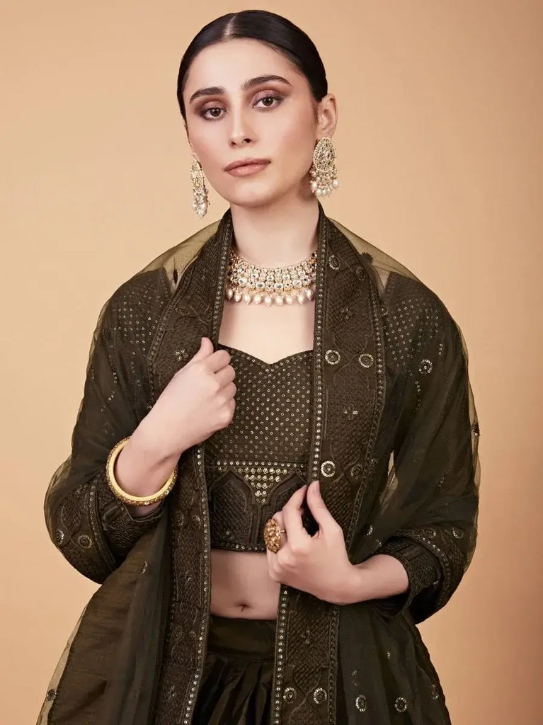 Superb Mehendi Green Sequined Work Silk Sangeet Wear Lehenga Choli