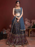 Wonderful Blue Digital Print Embroidery Chinon Silk Party Wear Lehenga Choli