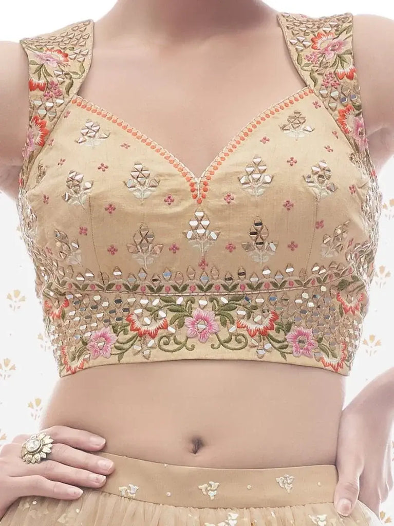 Attractive Beige Ruffle Work Net Lehenga With Embroidered Choli