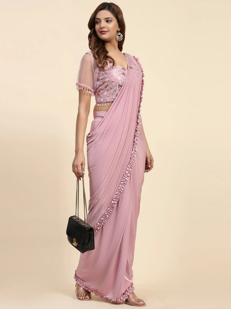 Gorgeous Baby Pink Embroidered Satin Ready To Wear Saree With Blouse