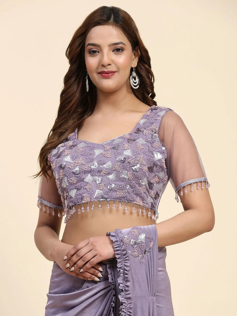 Fabulous Lavender Embroidered Satin Ready To Wear Saree With Blouse