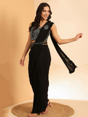 Adorable Black Mirror Work Lycra Ready To Wear Saree With Blouse