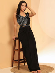 Adorable Black Mirror Work Lycra Ready To Wear Saree With Blouse
