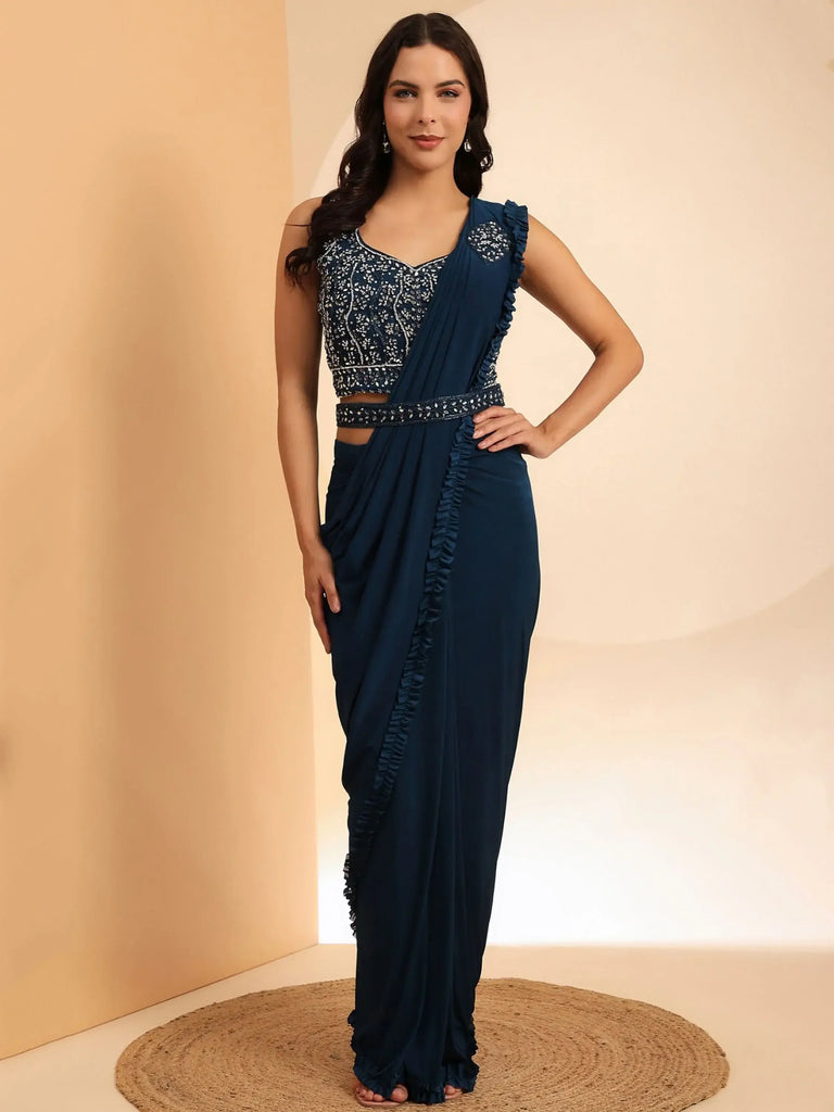 Attractive Navy Blue Mirror Work Lycra Ready To Wear Saree With Blouse