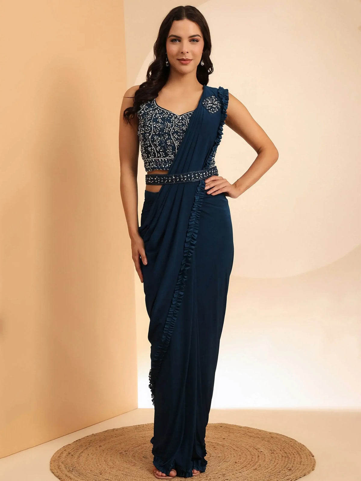Attractive Navy Blue Mirror Work Lycra Ready To Wear Saree With Blouse