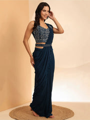 Attractive Navy Blue Mirror Work Lycra Ready To Wear Saree With Blouse