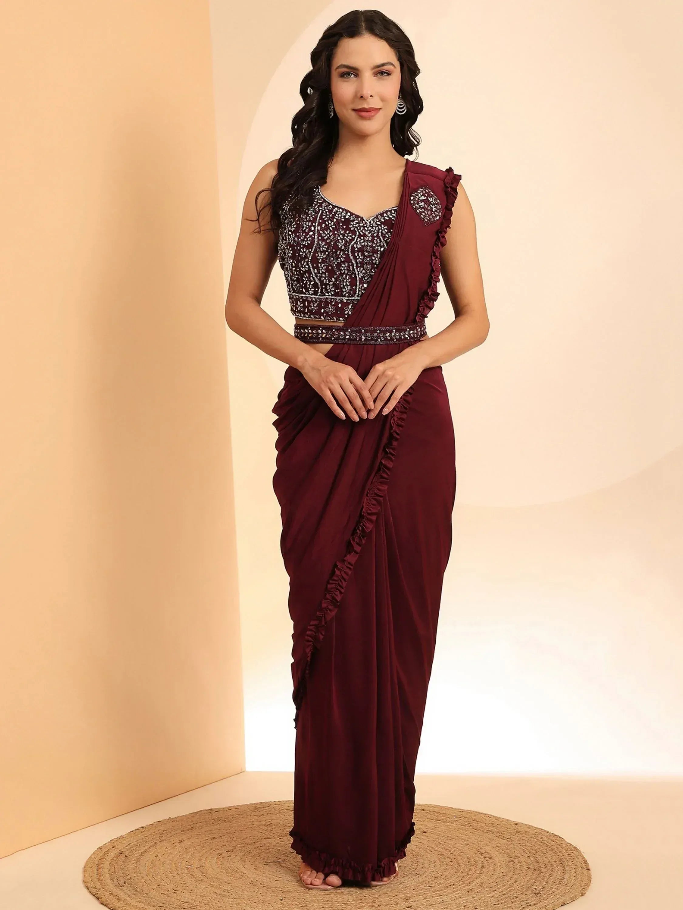 Maroon ruffle saree with embroidered blouse, Indian ethnic wear for women