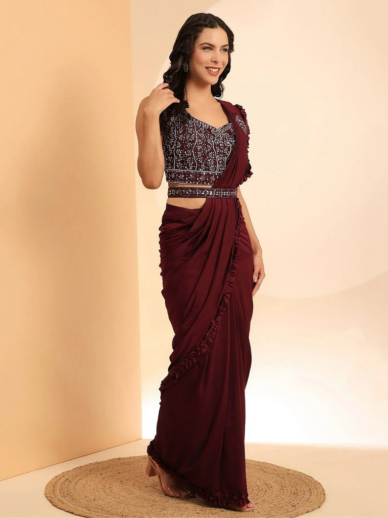 Stunning Maroon Mirror Work Lycra Ready To Wear Saree With Blouse