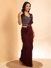 Stunning Maroon Mirror Work Lycra Ready To Wear Saree With Blouse