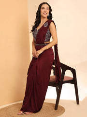 Stunning Maroon Mirror Work Lycra Ready To Wear Saree With Blouse