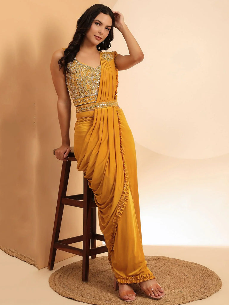 Pretty Yellow Mirror Work Lycra Ready To Wear Saree With Blouse