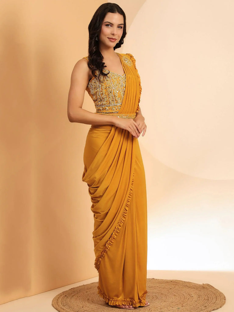 Pretty Yellow Mirror Work Lycra Ready To Wear Saree With Blouse
