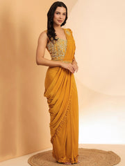 Pretty Yellow Mirror Work Lycra Ready To Wear Saree With Blouse