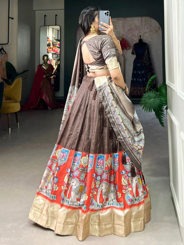 Fabulous Brown Kalamkari Printed Dola Silk Navratri Wear Lehenga Choli