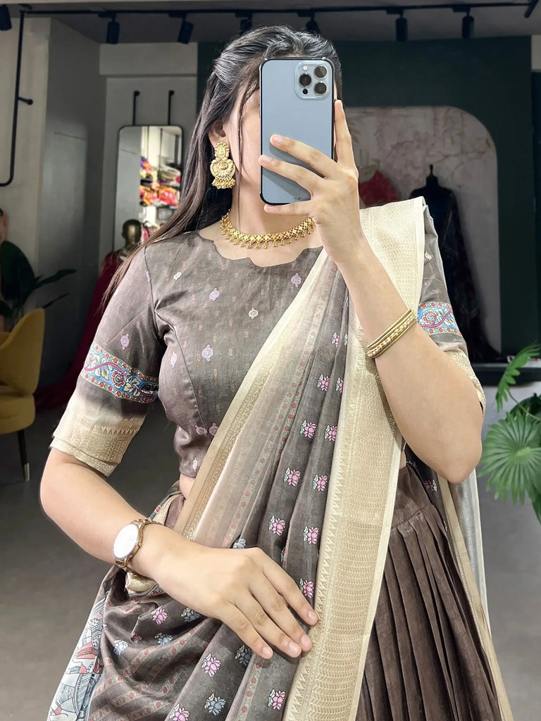 Fabulous Brown Kalamkari Printed Dola Silk Navratri Wear Lehenga Choli