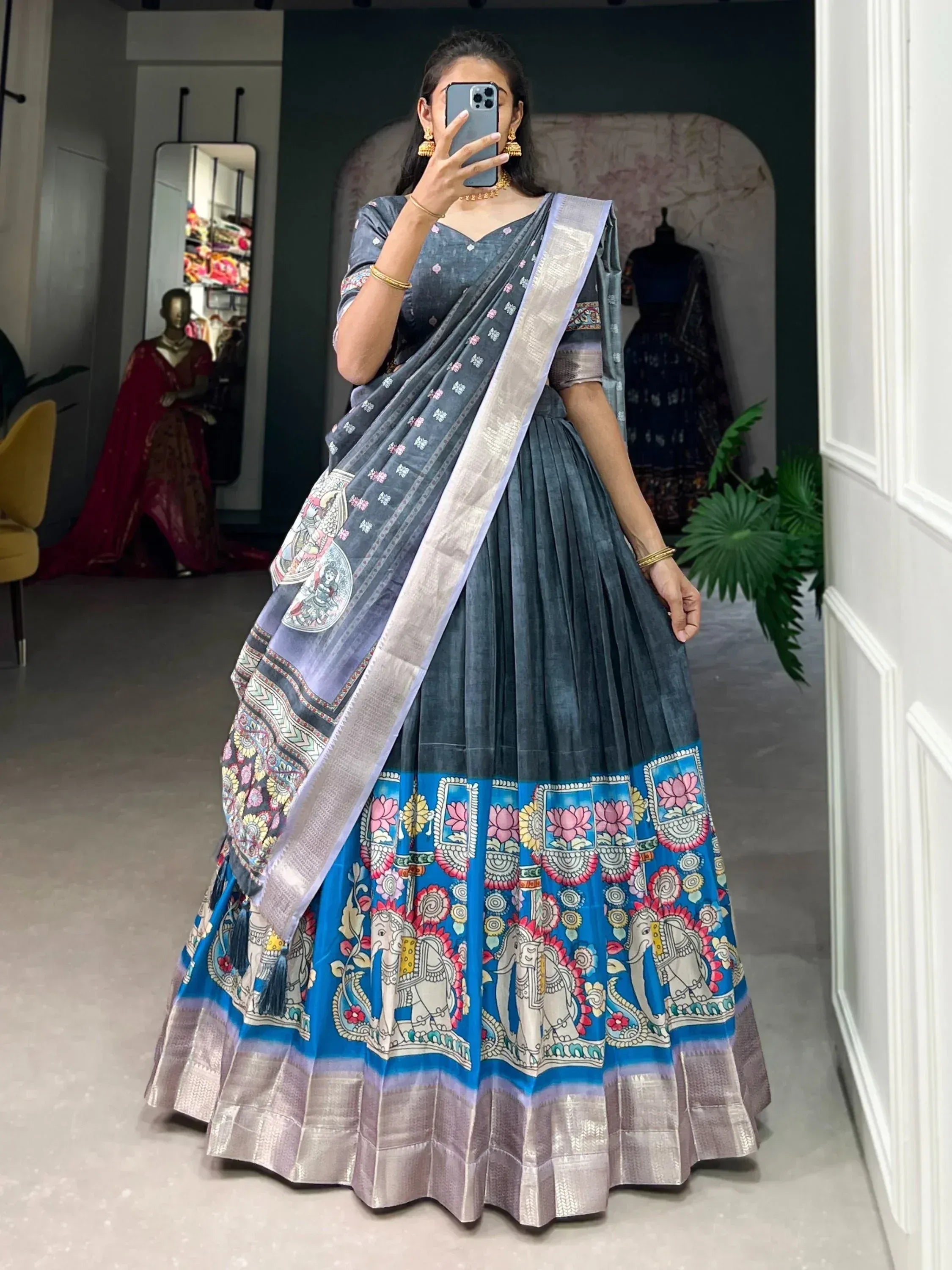 Blue printed lehenga choli with elephant motifs, perfect for Indian ethnic wear occasions