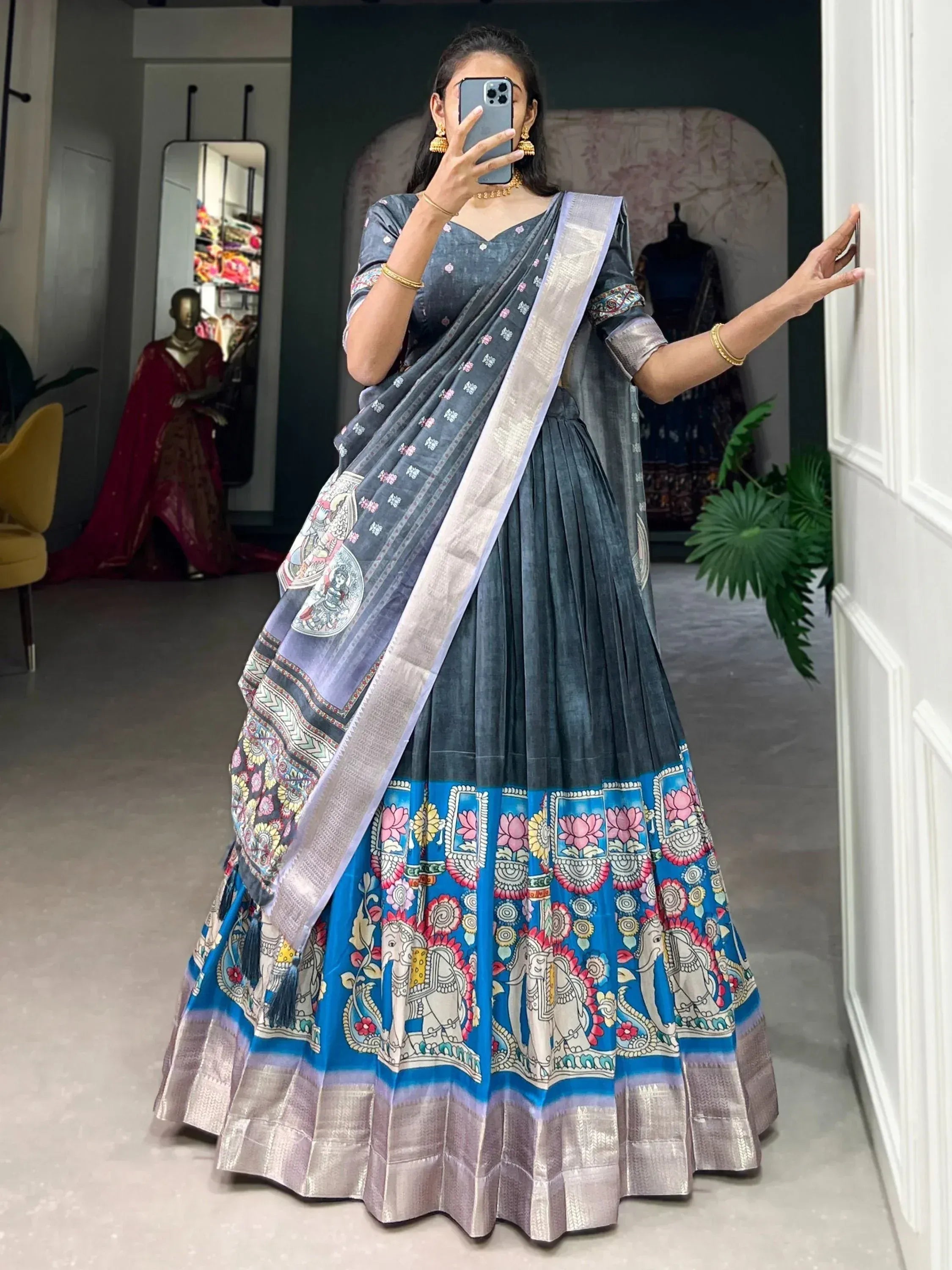 Blue printed lehenga choli with elephant motifs and silver border, Indian ethnic wear