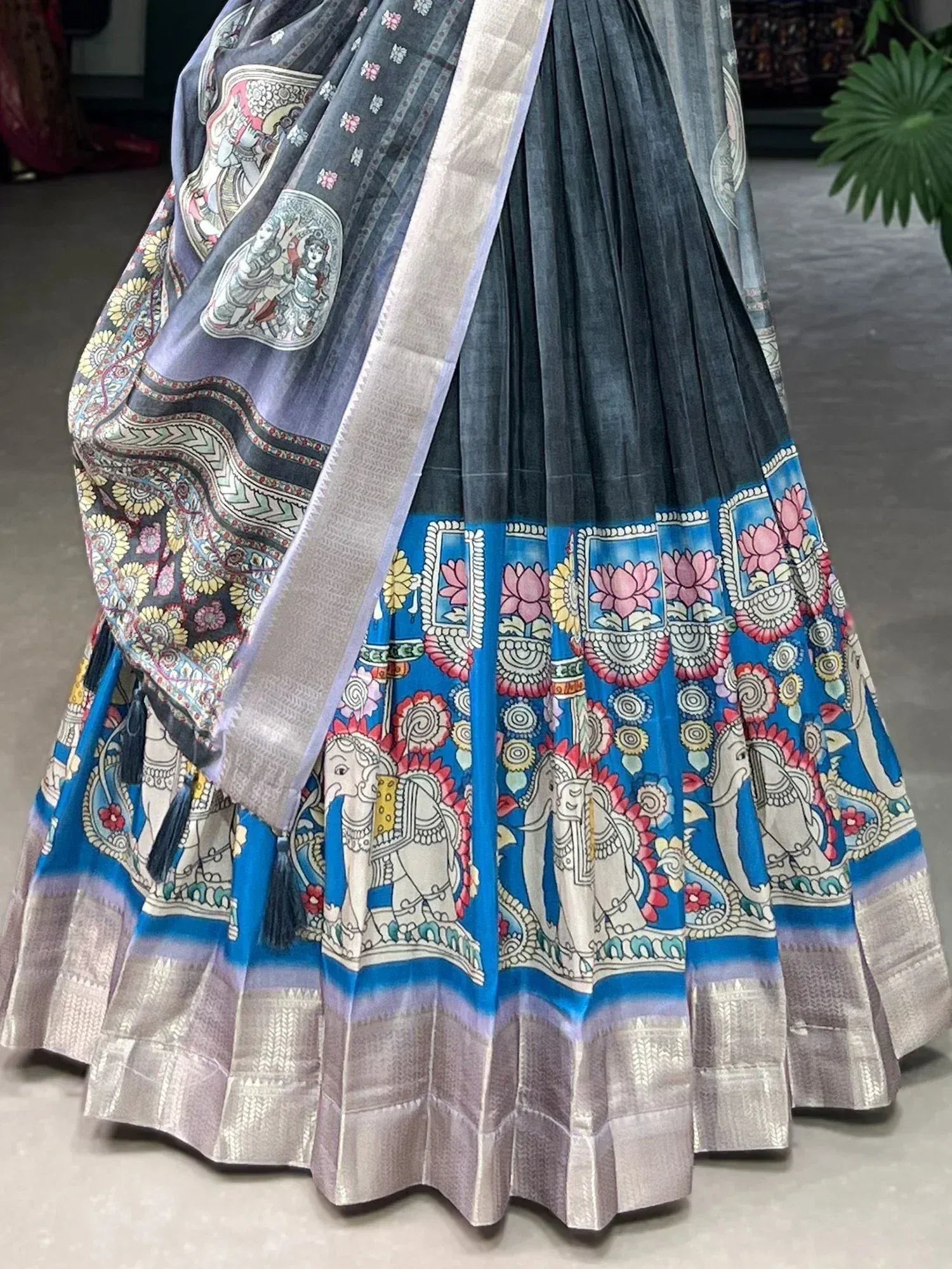 Blue and grey printed lehenga with elephant and lotus motifs, ethnic Indian wear