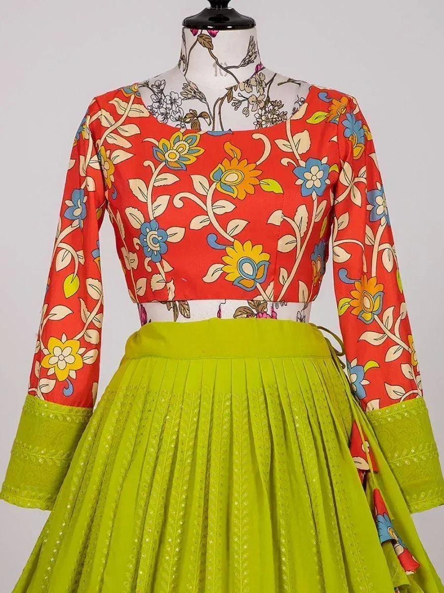 Vibrant red floral blouse with lime green pleated skirt, Indian ethnic wear