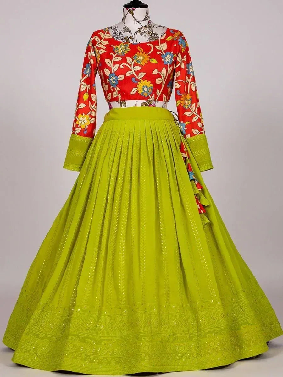 Vibrant red floral top with lime green pleated lehenga, ethnic Indian wear for festive occasions