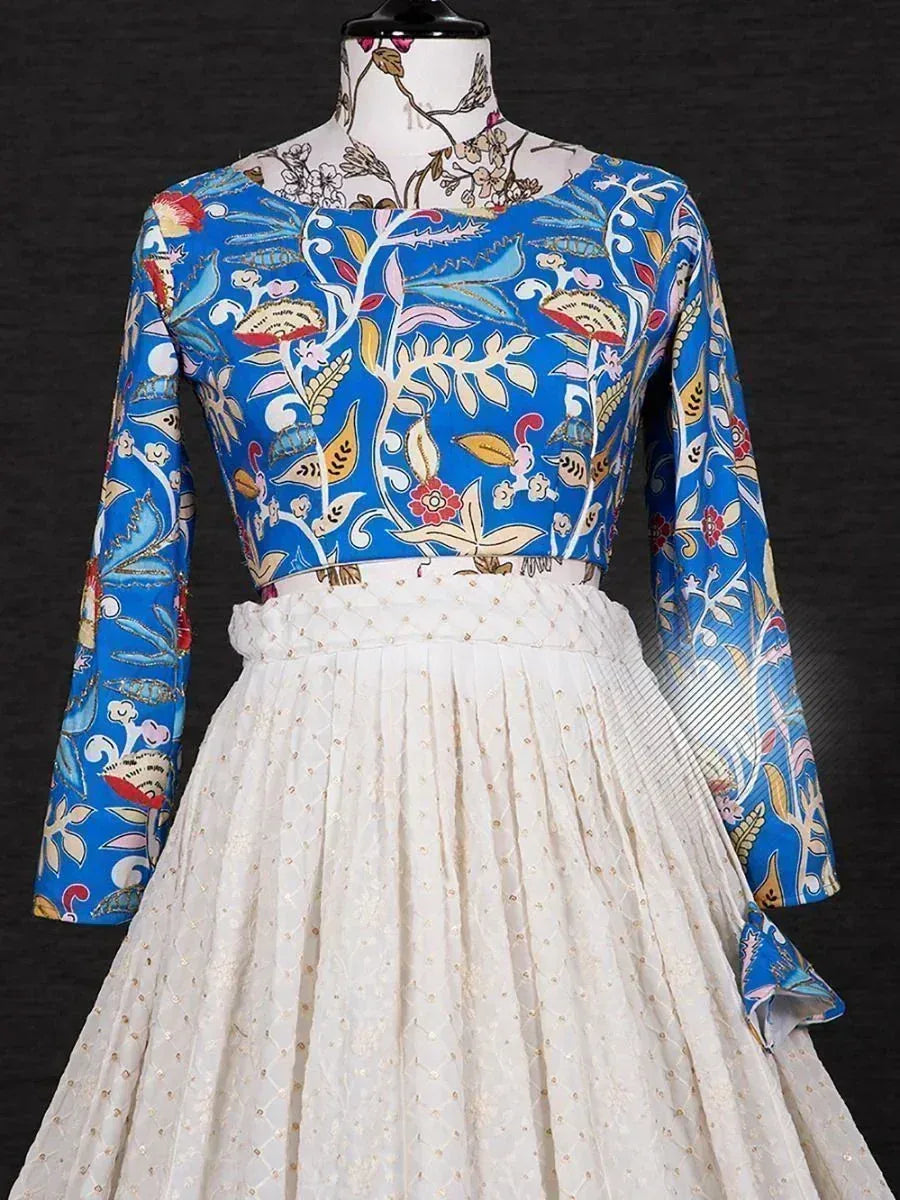Blue floral printed crop top with white pleated skirt, Indian ethnic wear for women