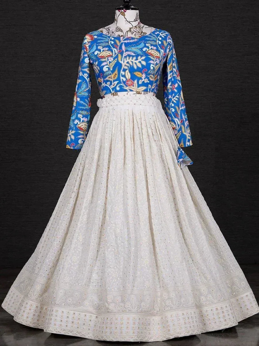 Blue floral printed top with white embroidered lehenga skirt, Indian ethnic wear