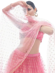 Outstanding Pink Ruffle Work Net Lehenga With Embroidered Choli