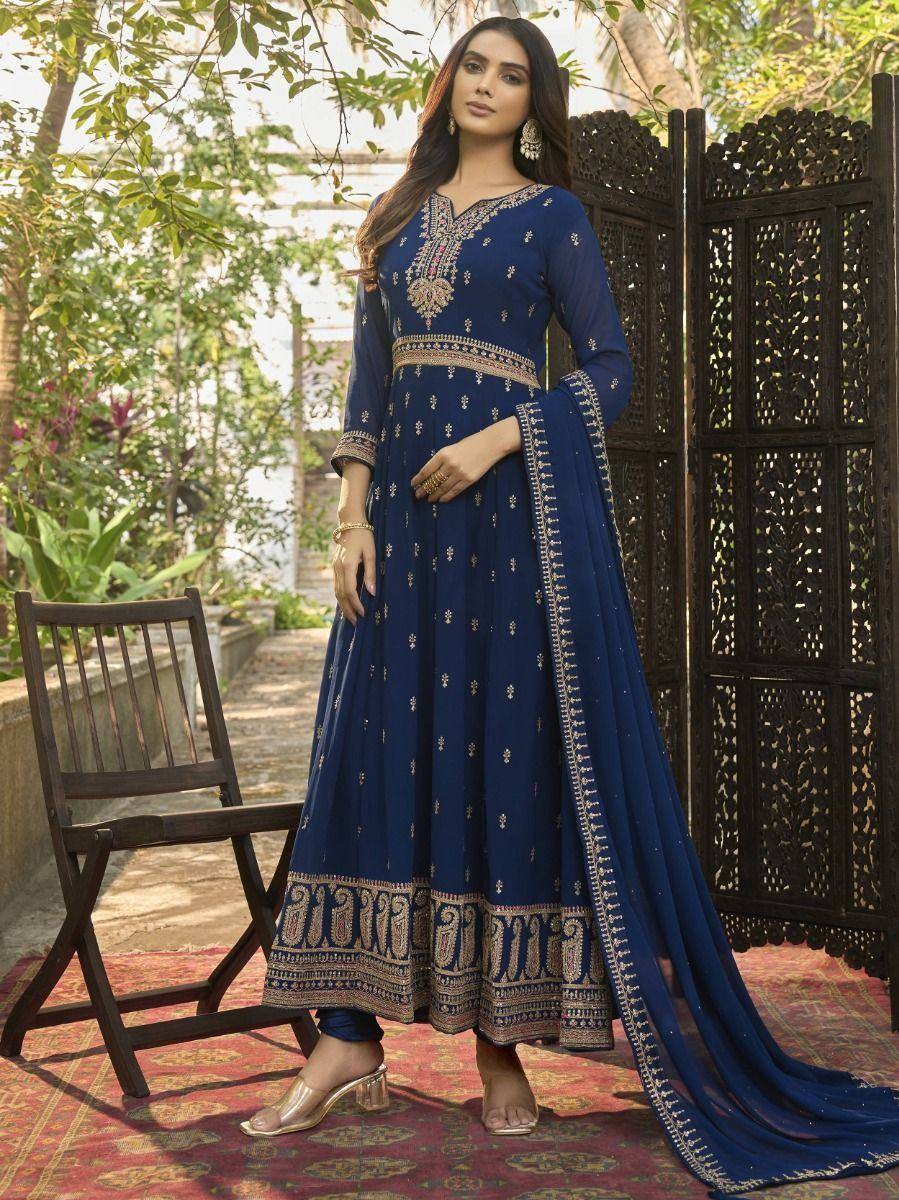 Blue embroidered anarkali suit with gold detailing, perfect for Indian ethnic occasions