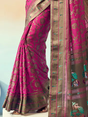 Spectacular Pink Georgette Zari Weaving Traditional Saree With Blouse