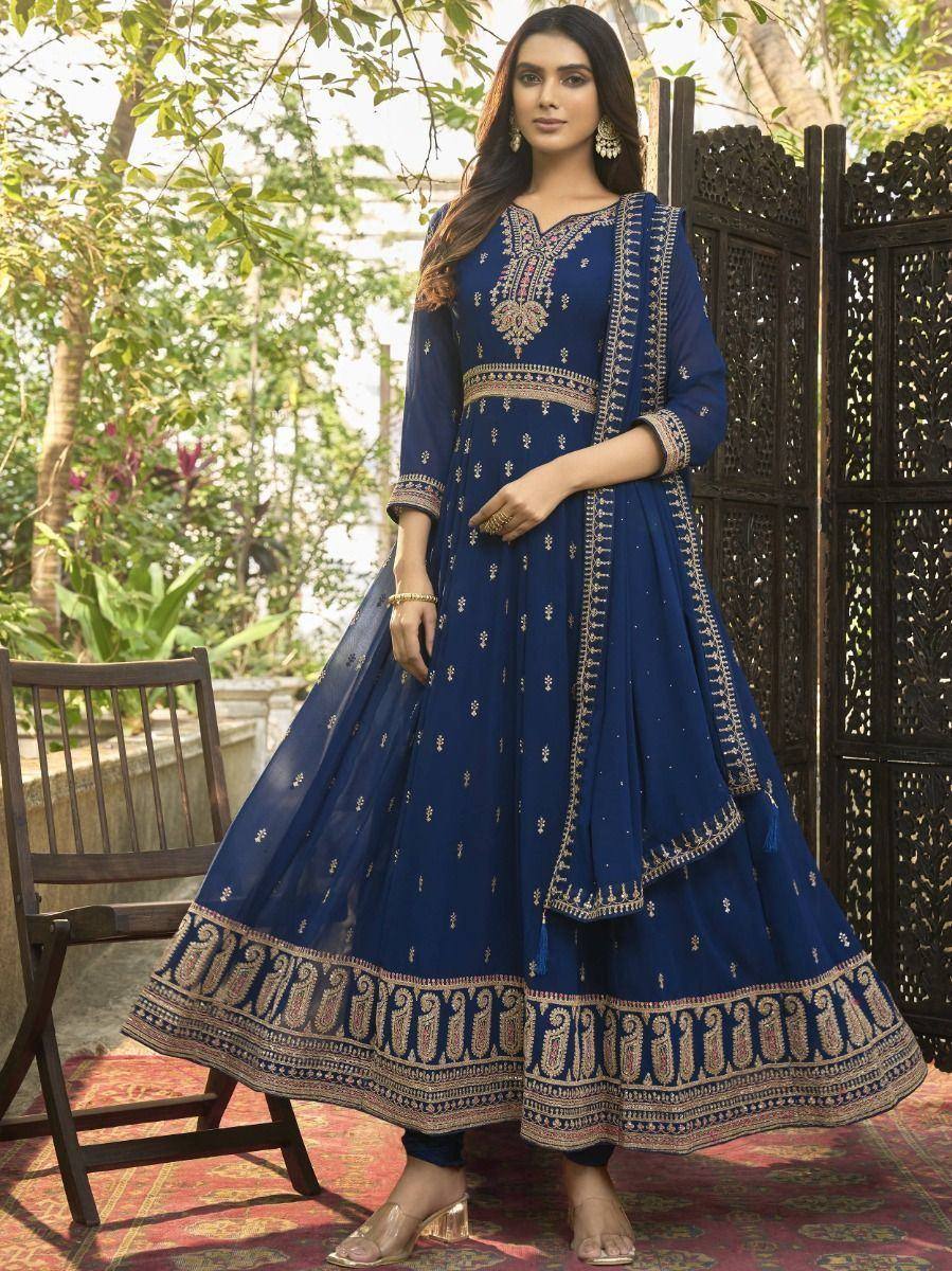 Royal blue embroidered anarkali suit with gold detailing, perfect for Indian ethnic occasions