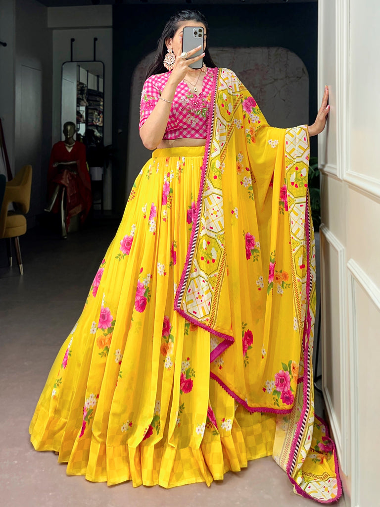 Fantastic Yellow Floral Printed Georgette Haldi Wear Lehenga Choli
