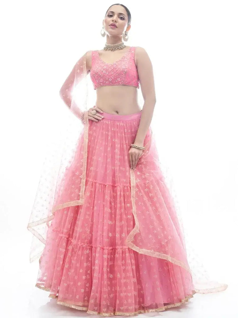 Outstanding Pink Ruffle Work Net Lehenga With Embroidered Choli