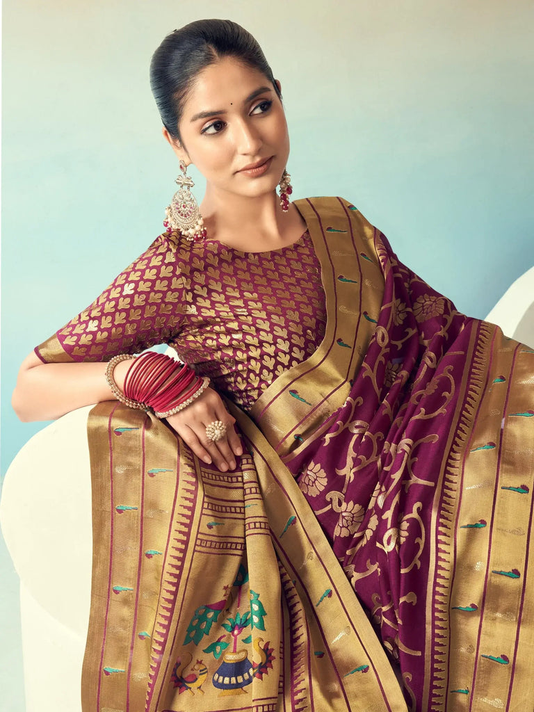 Fascinating Wine Georgette Zari Weaving Wedding Wear Saree With Blouse