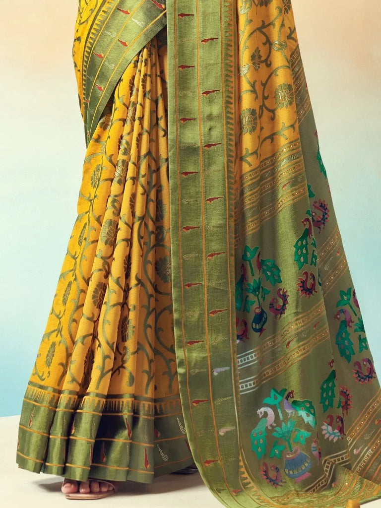 Wonderful Yellow Georgette Zari Weaving Haldi Wear Saree With Blouse