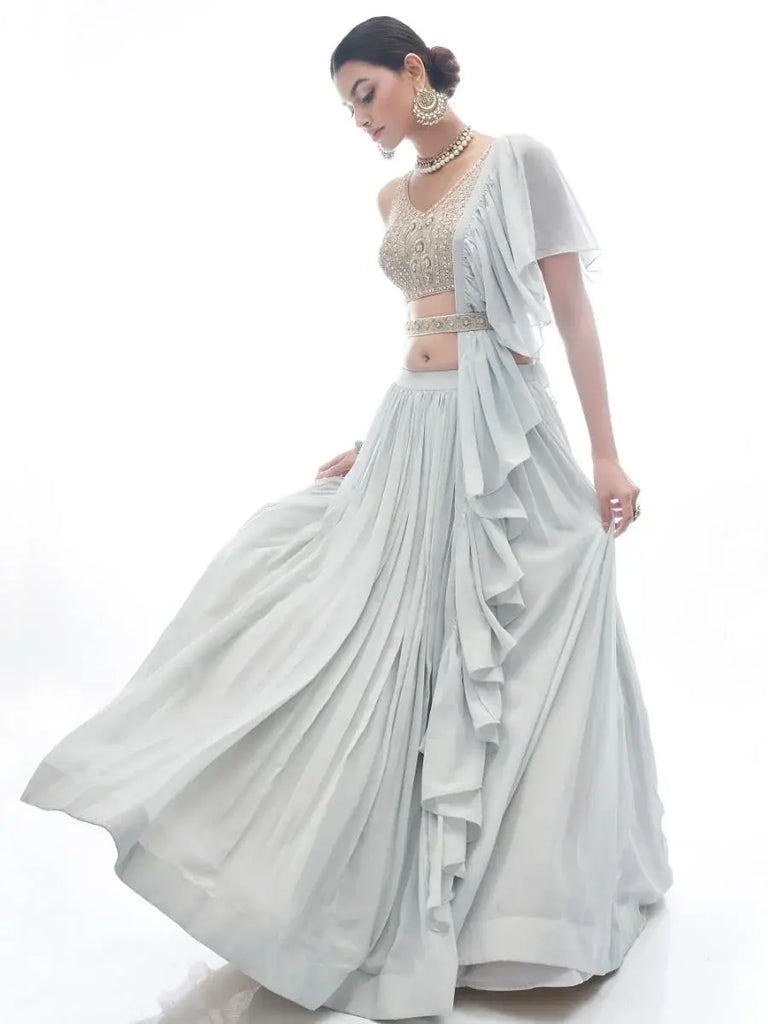 Pleasant Light Grey Beads Work Georgette Event Wear Lehenga Choli