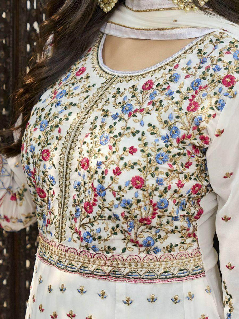 Pleasing white Embroidered Georgette Party Wear Salwar Suit
