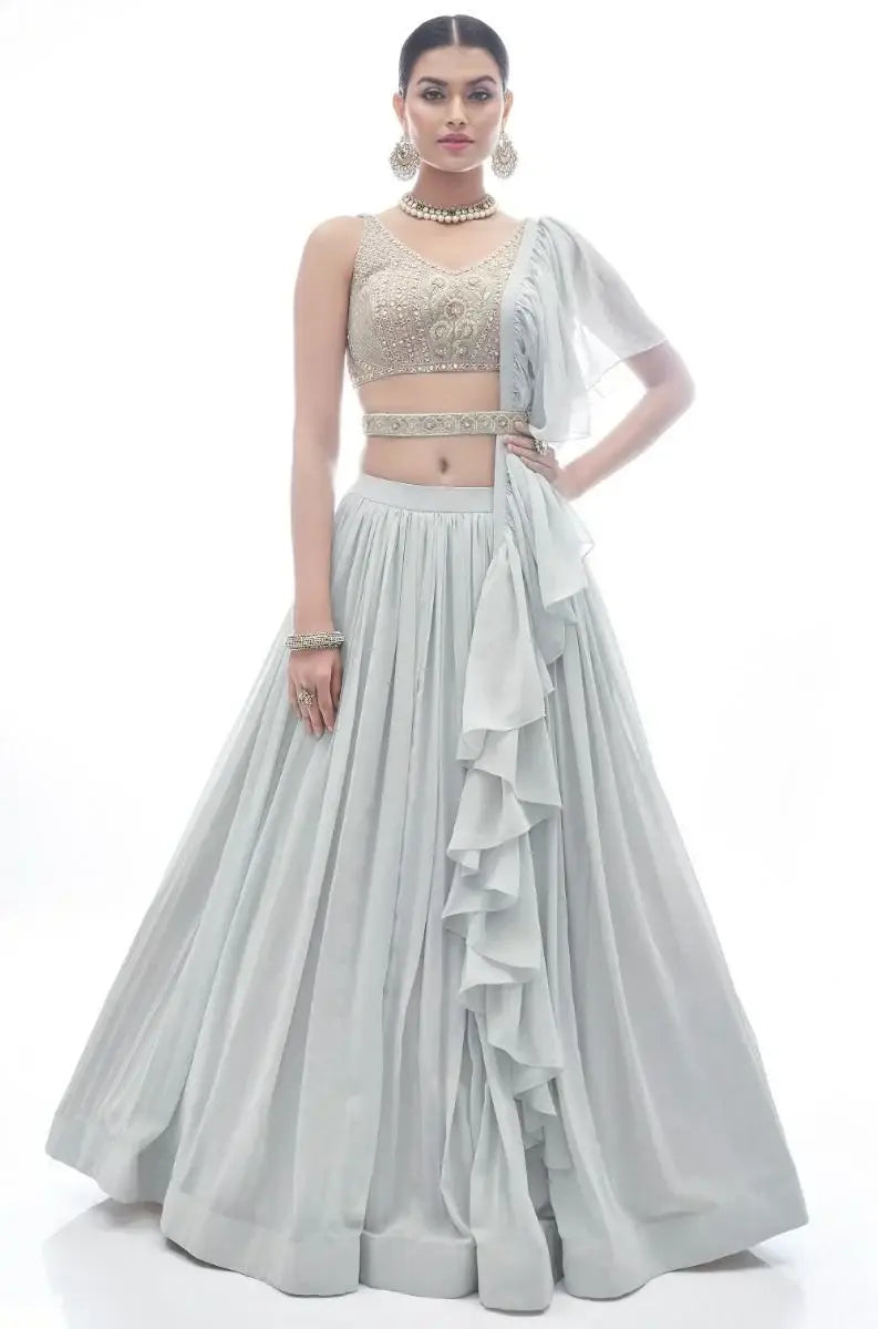 Pleasant Light Grey Beads Work Georgette Event Wear Lehenga Choli